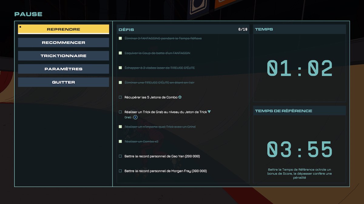 le tableau des défis dans le jeu video Rollerdrome
